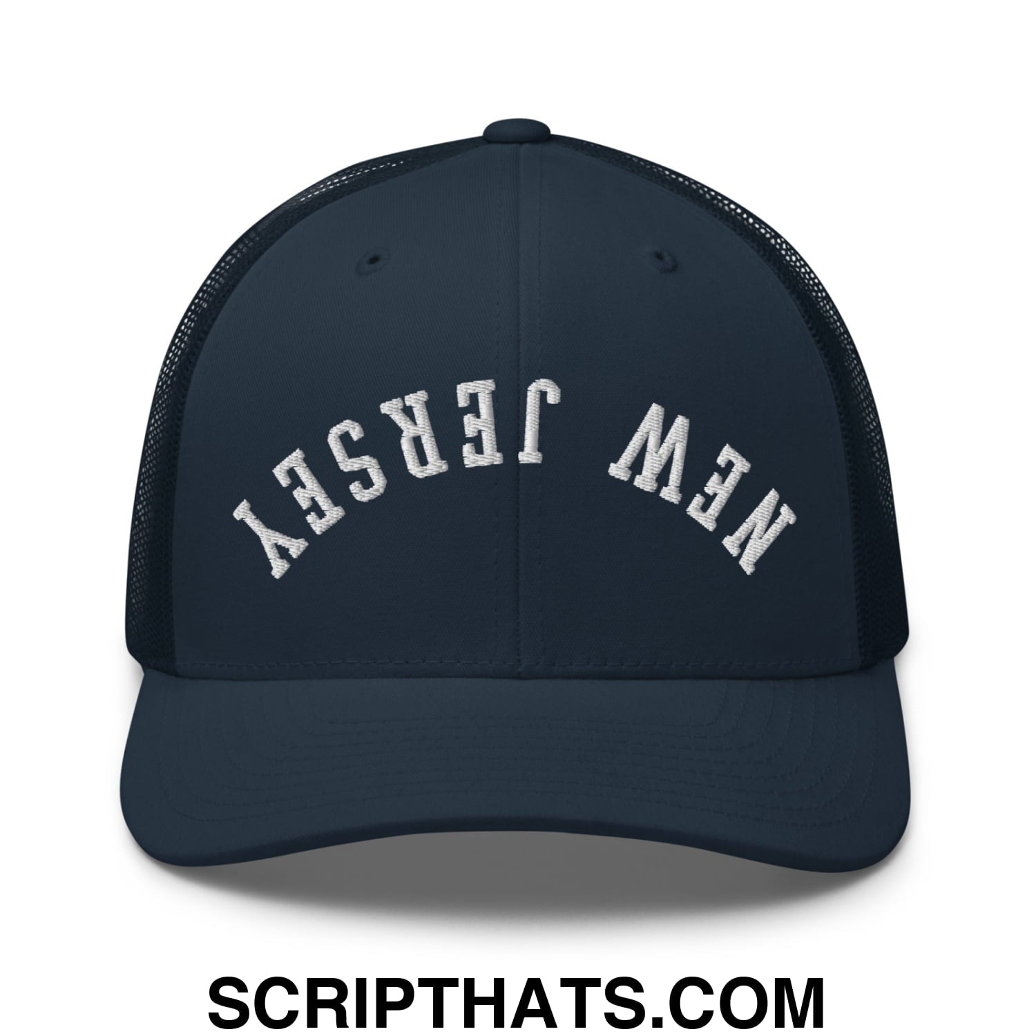 Upside Down New Jersey Embroidered Mesh Trucker Hat Navy
