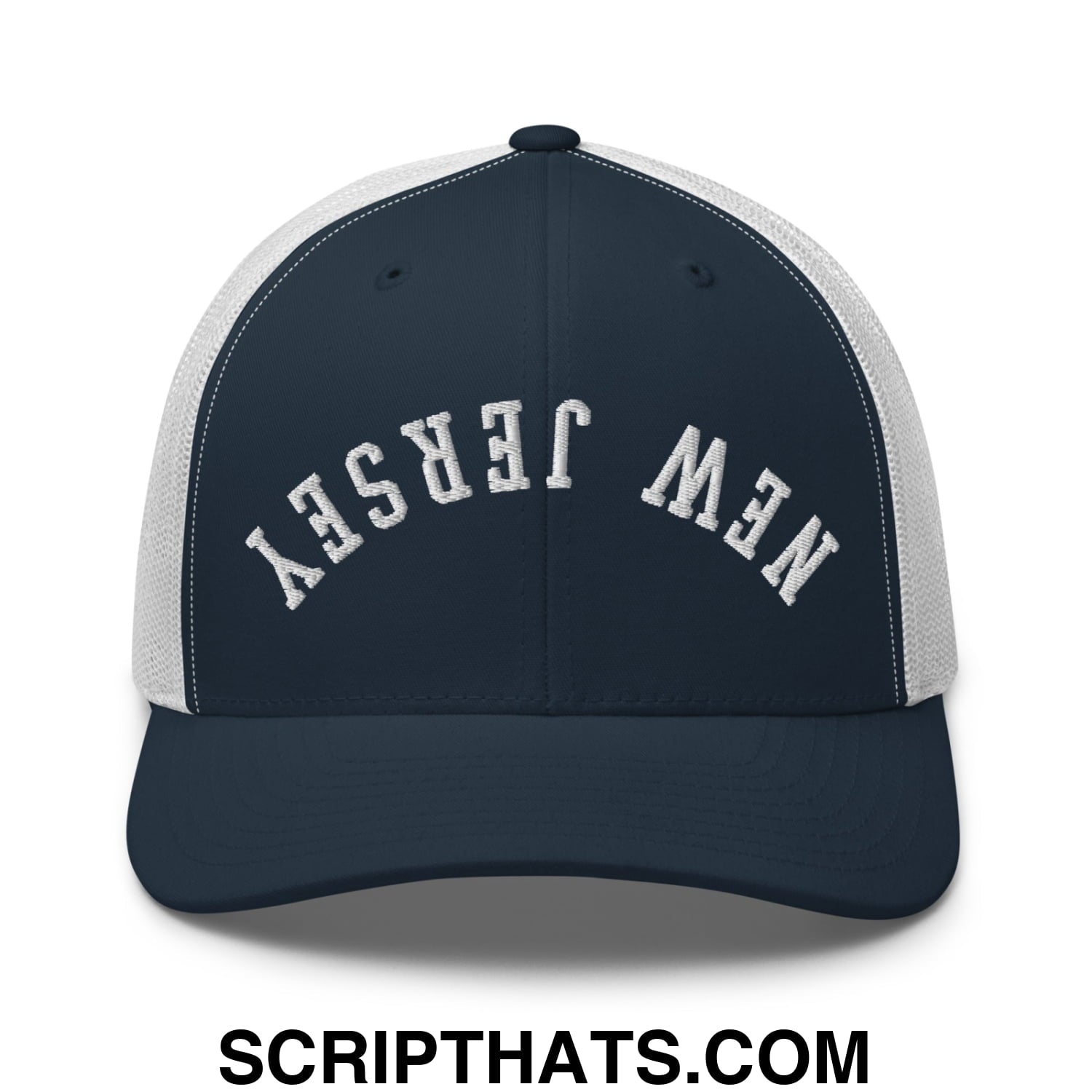 Upside Down New Jersey Embroidered Mesh Trucker Hat Navy White