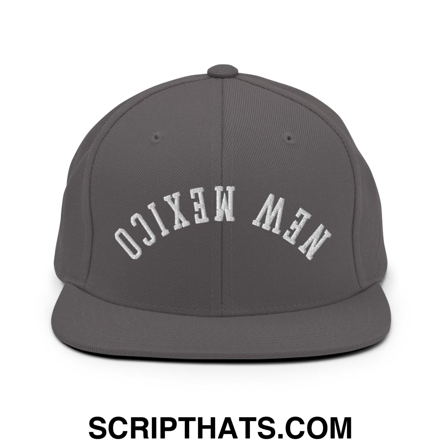 Gray snapback hat with new mexico embroidered in white arched lettering and flat bill brim design