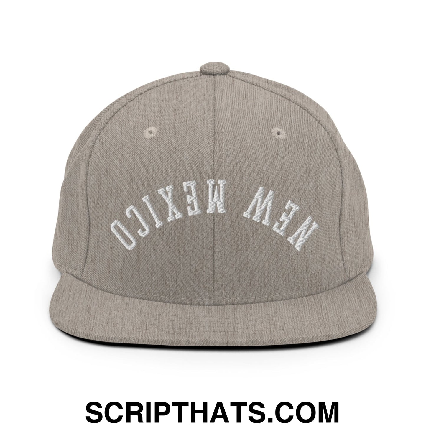Gray heather snapback cap with white embroidered new mexico arch design and flat bill brim for casual wear