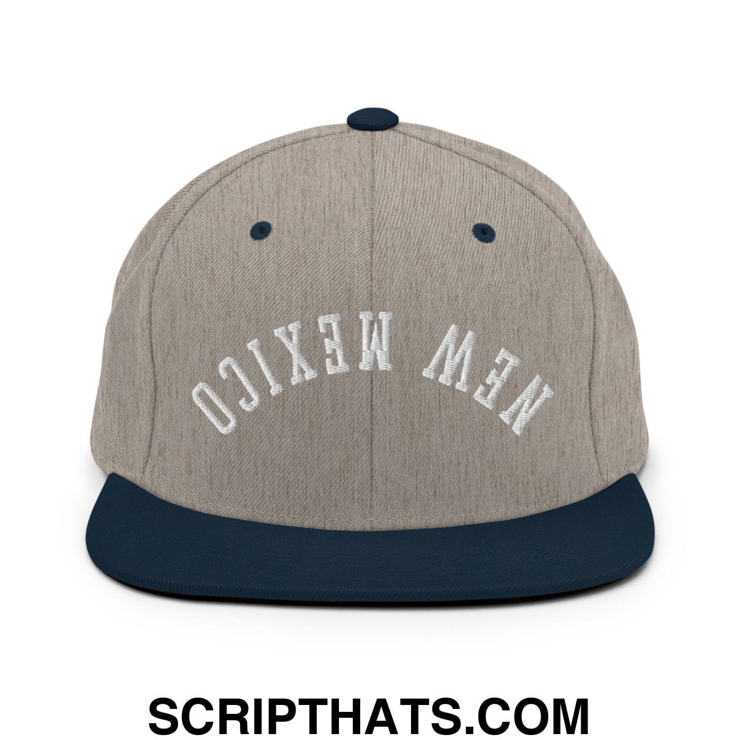 A gray and navy blue snapback cap with new mexico embroidered in white on the front flat bill brim hat