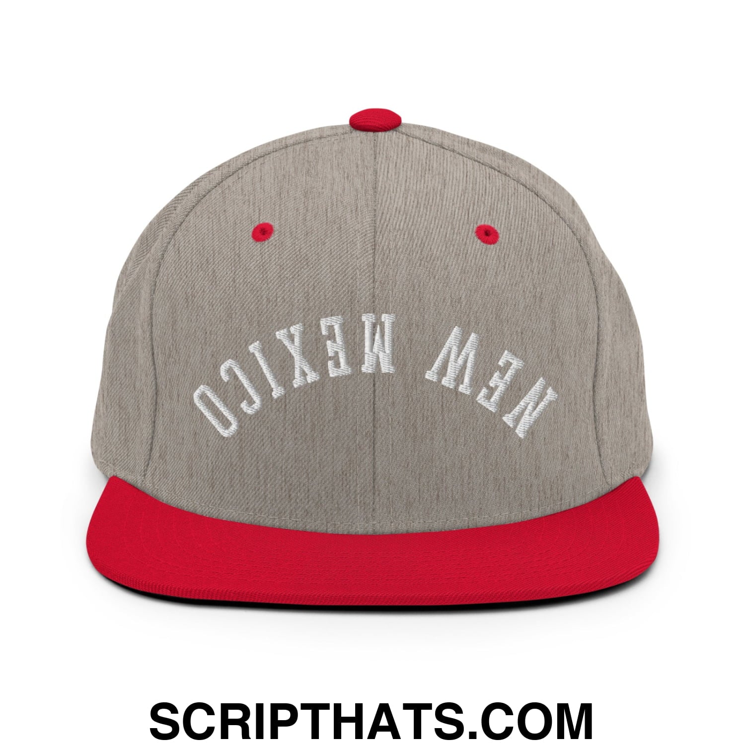 Gray and red snapback cap with new mexico embroidered in white arched lettering and a flat bill brim