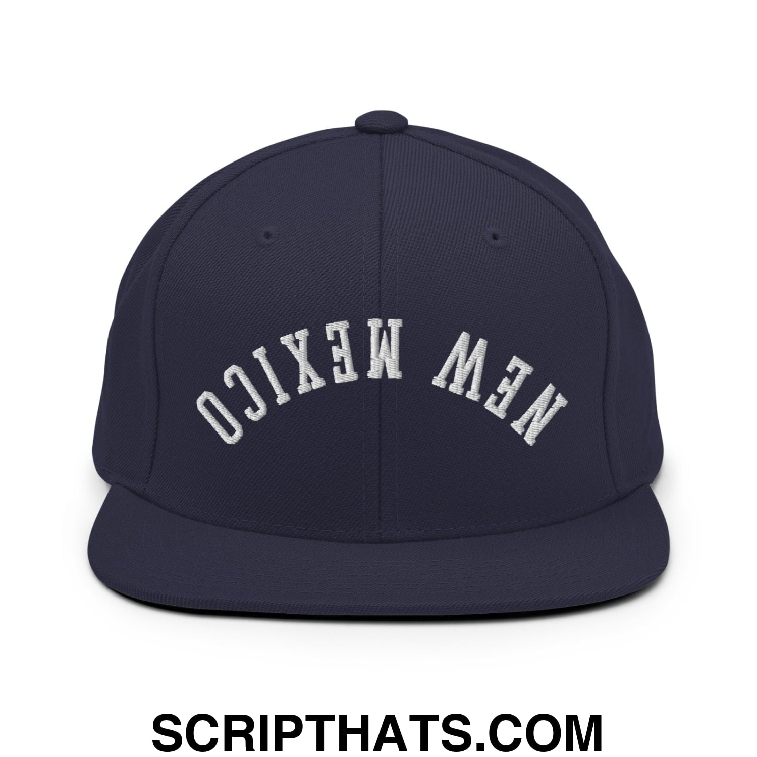 Navy blue snapback hat with white embroidered new mexico lettering and flat bill brim in an upside down style