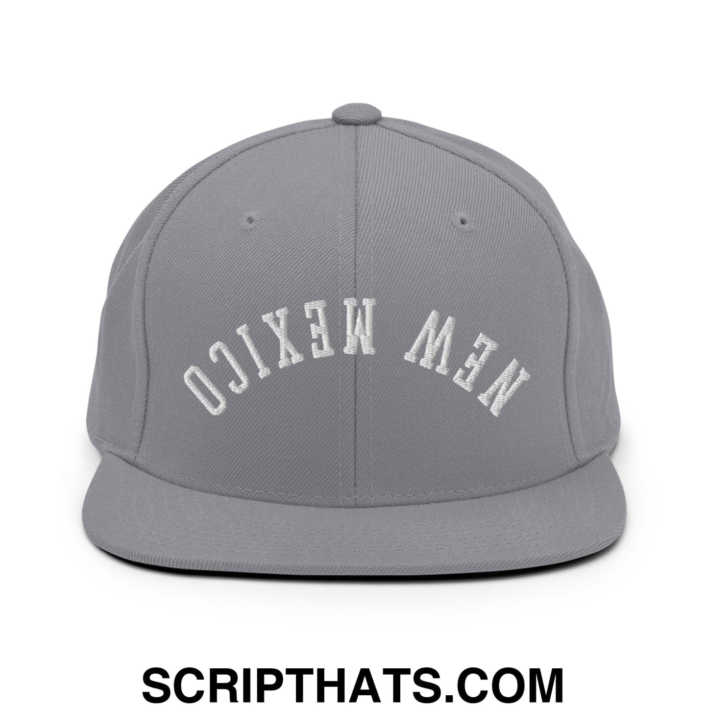 Gray snapback hat with white embroidered new mexico lettering and flat bill brim for casual wear