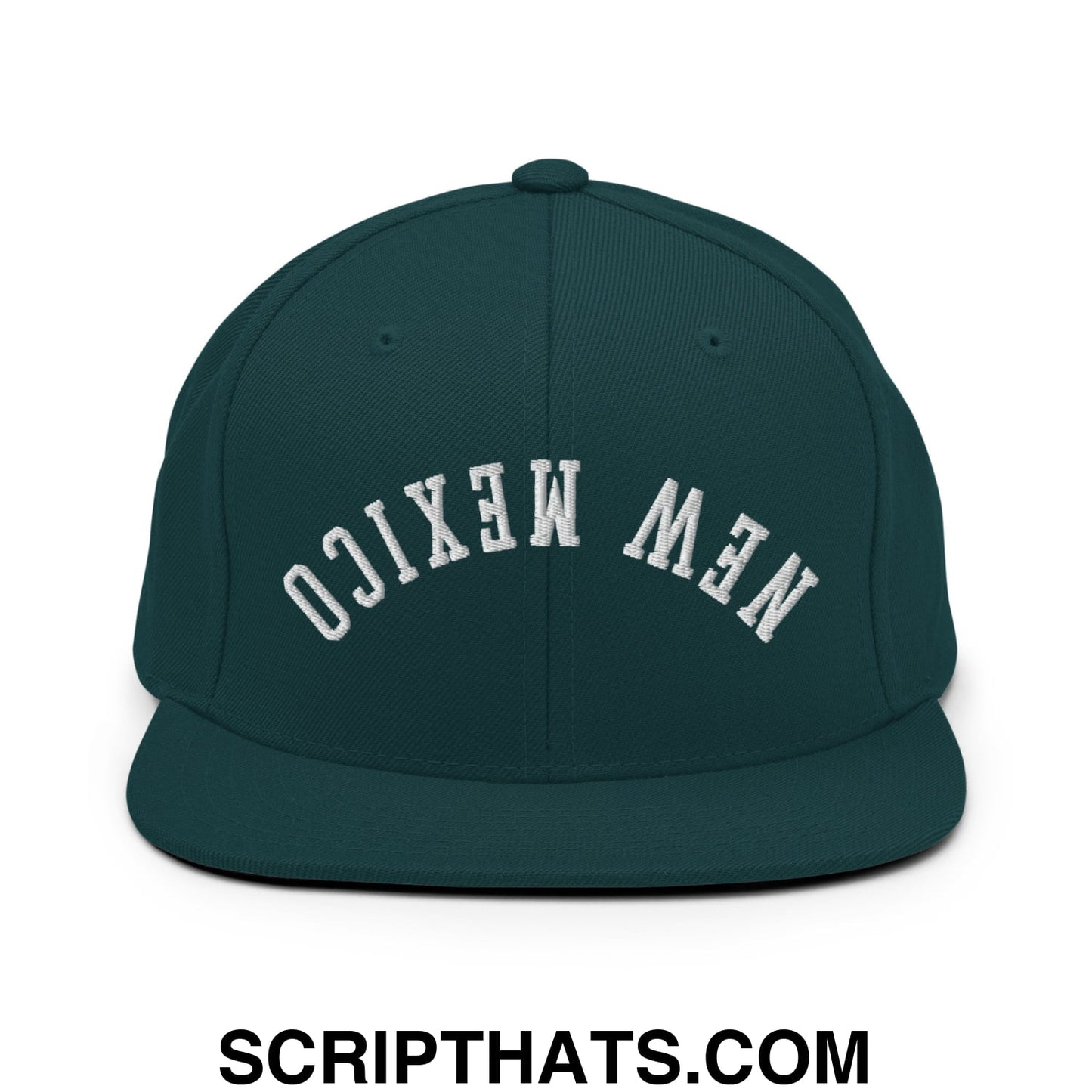 Dark green snapback hat with white embroidered new Mexico lettering and a flat bill brim in an upside down design