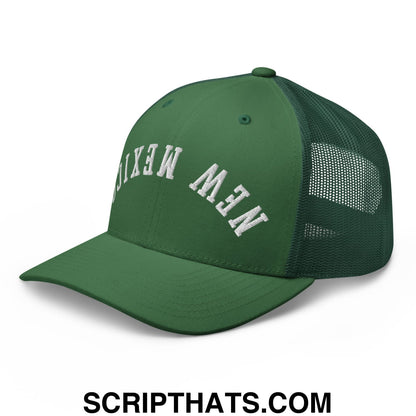 Dark green mesh trucker hat with white embroidered new mexico lettering front upside down design