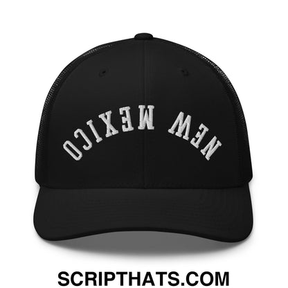Black mesh trucker hat with white embroidered new mexico lettering across the front titled upside down new mexico hat