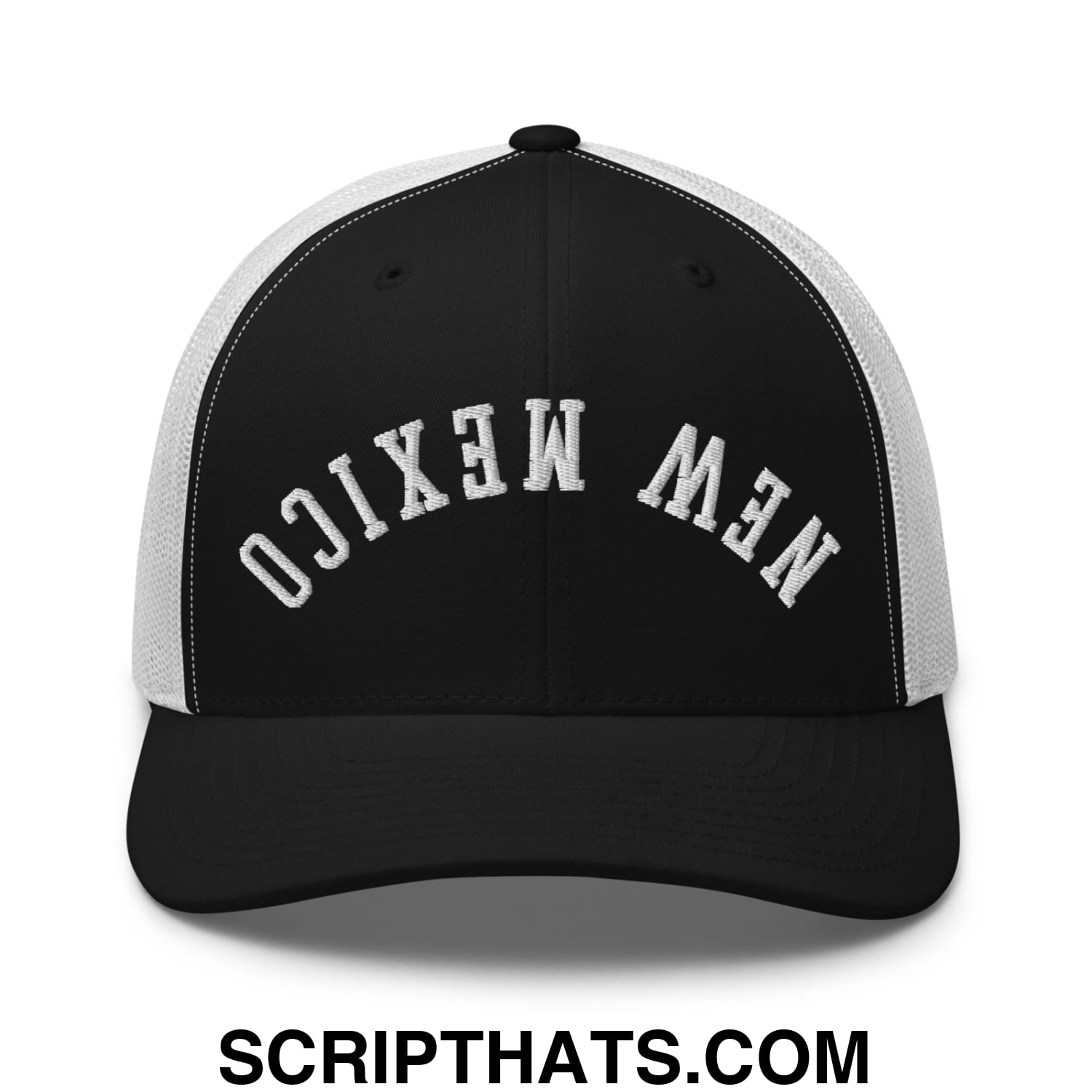 Black and white mesh trucker hat with new mexico embroidered in arched white textured lettering on the front