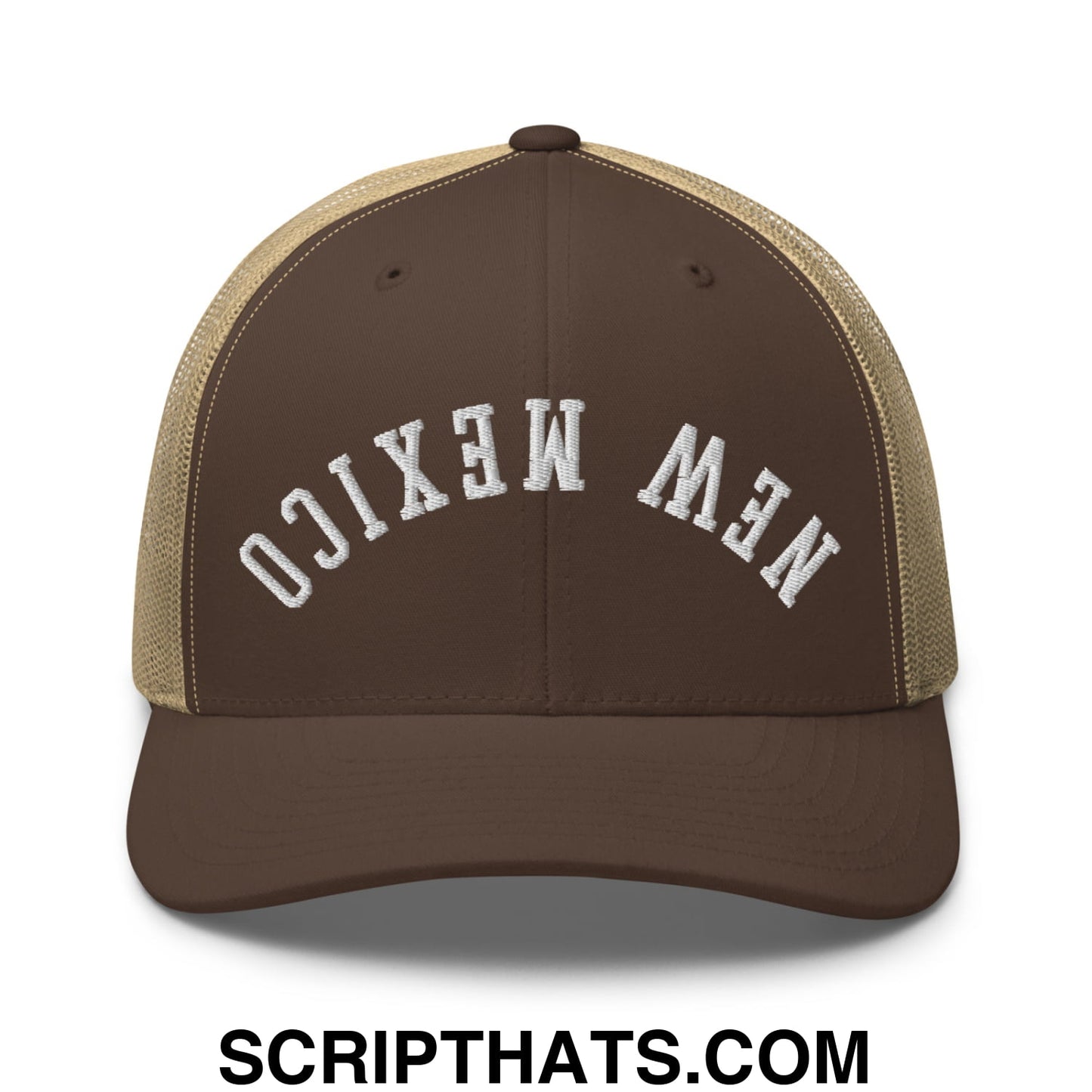 Brown and tan mesh trucker hat with white embroidered new mexico lettering featuring an upside down design