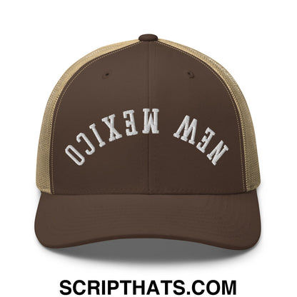 Brown and tan mesh trucker hat with white embroidered new mexico lettering featuring an upside down design
