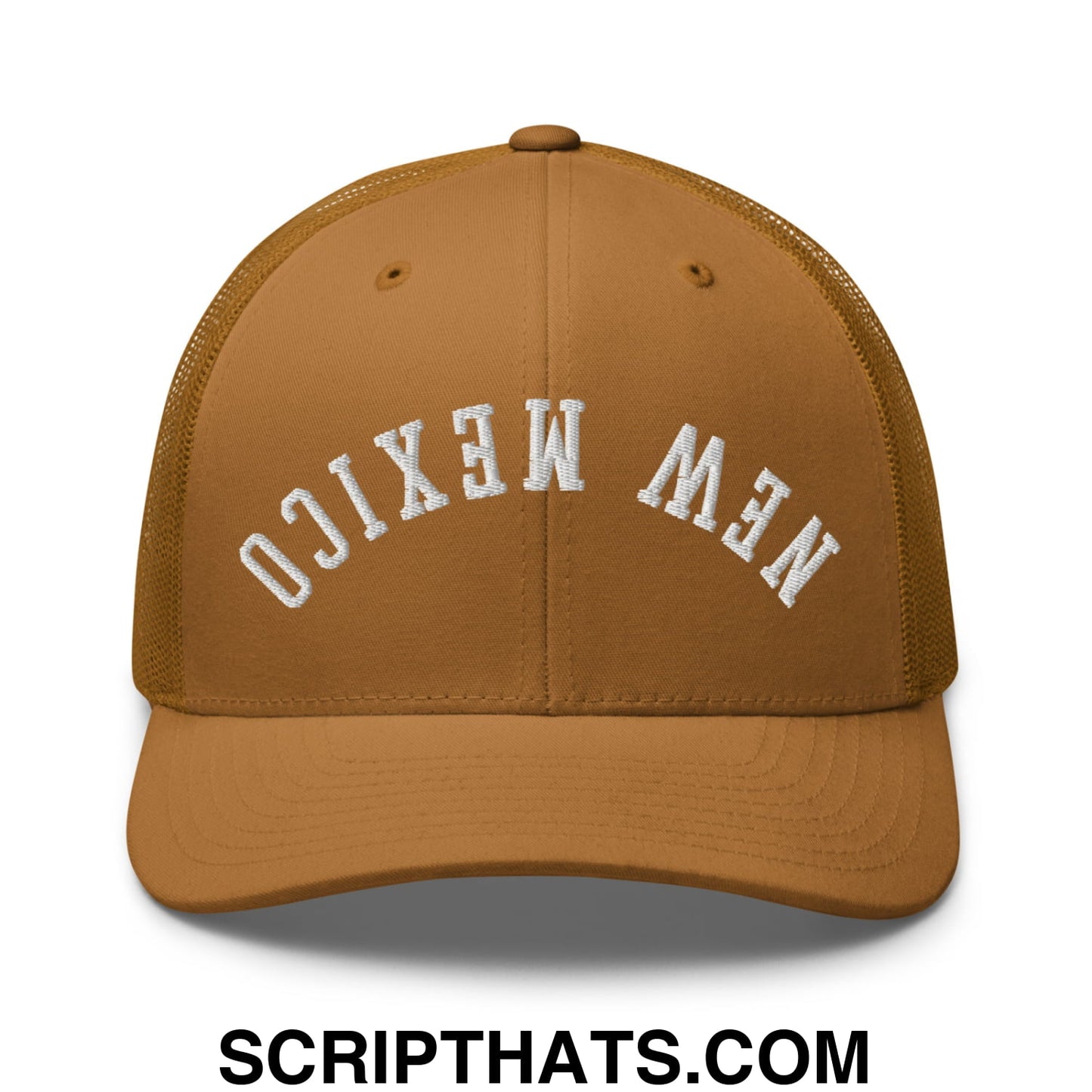 Tan mesh trucker hat with white embroidered new mexico lettering and upside down design on front panel