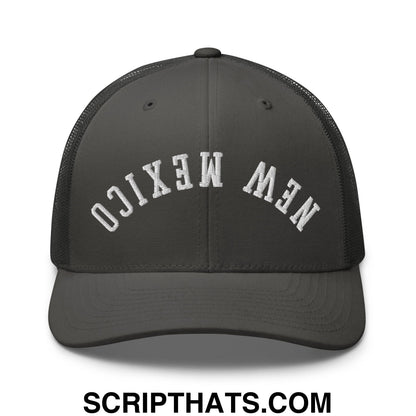 Dark gray mesh trucker hat with white embroidered new mexico lettering upside down on the front panel