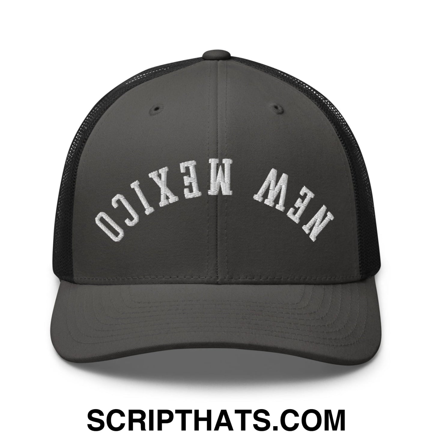 Dark gray mesh trucker hat with white embroidered new mexico lettering front featured upside down design