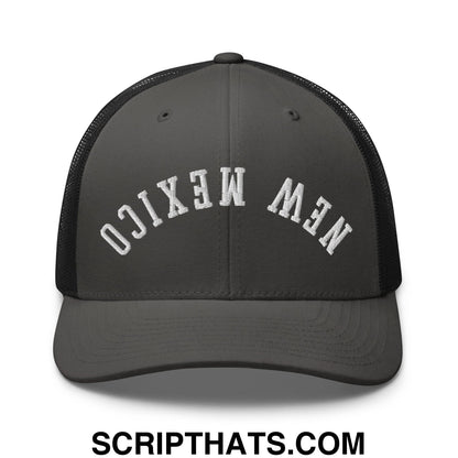 Dark gray mesh trucker hat with white embroidered new mexico lettering front featured upside down design