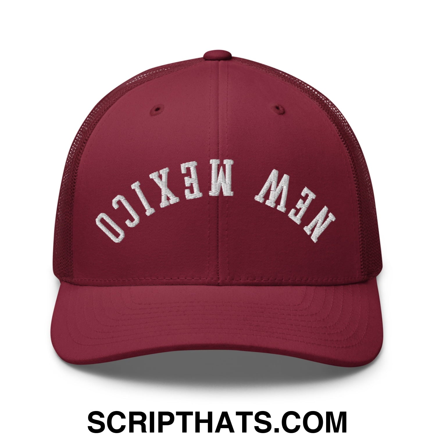 Maroon mesh trucker hat with white embroidered new mexico lettering and upside down design on front panel