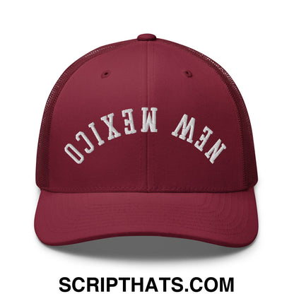 Maroon mesh trucker hat with white embroidered new mexico lettering and upside down design on front panel