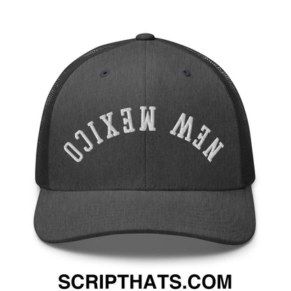 Black mesh trucker hat with white embroidered new mexico text and upside down design on front panel