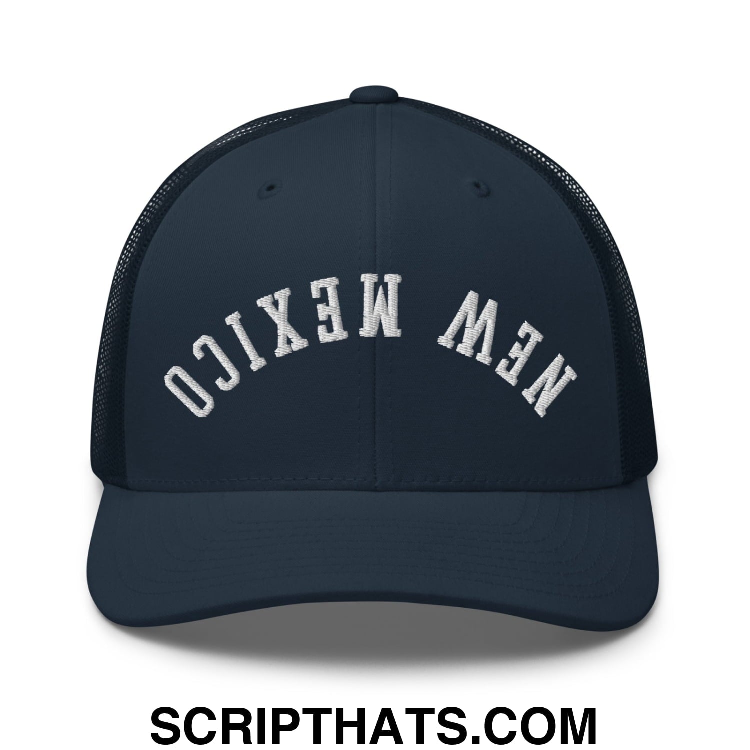 Dark navy mesh trucker hat with white embroidered new mexico lettering on front upsidedown design