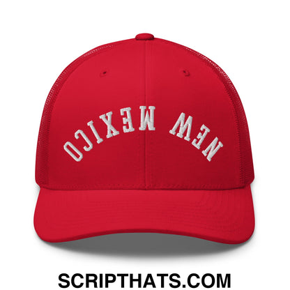 Red mesh trucker hat with white embroidered new mexico lettering and upside down design on the front panel