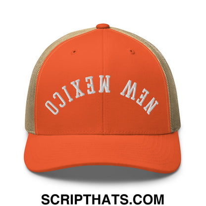 Orange and beige mesh trucker hat with new mexico embroidered in white arched lettering on the front panel