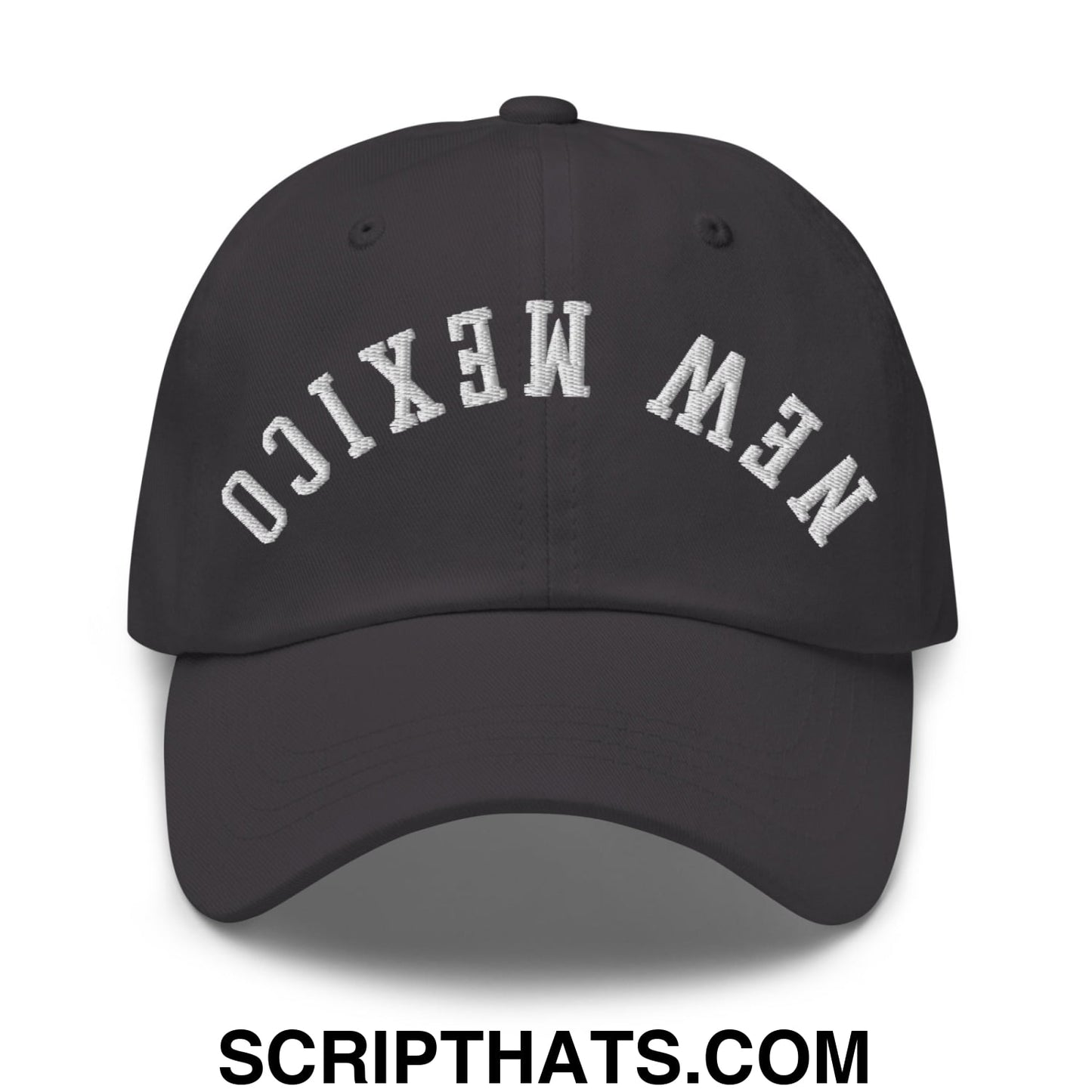 Black unstructured dad hat with white embroidered new mexico lettering in an arched design
