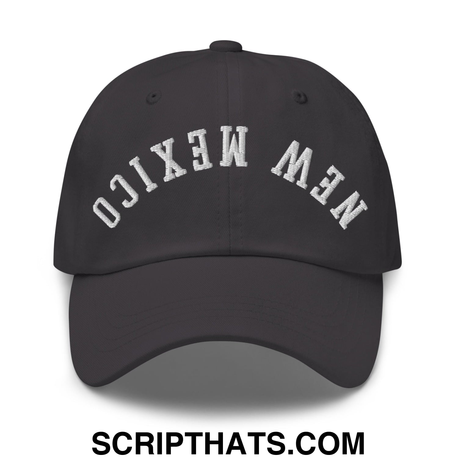 Black unstructured dad hat with white embroidered new mexico lettering in an arched design