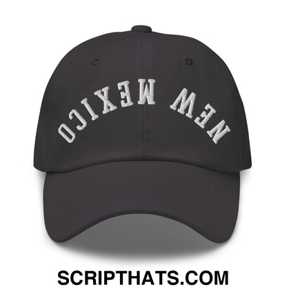 Black unstructured dad hat with white embroidered new mexico lettering in an arched design