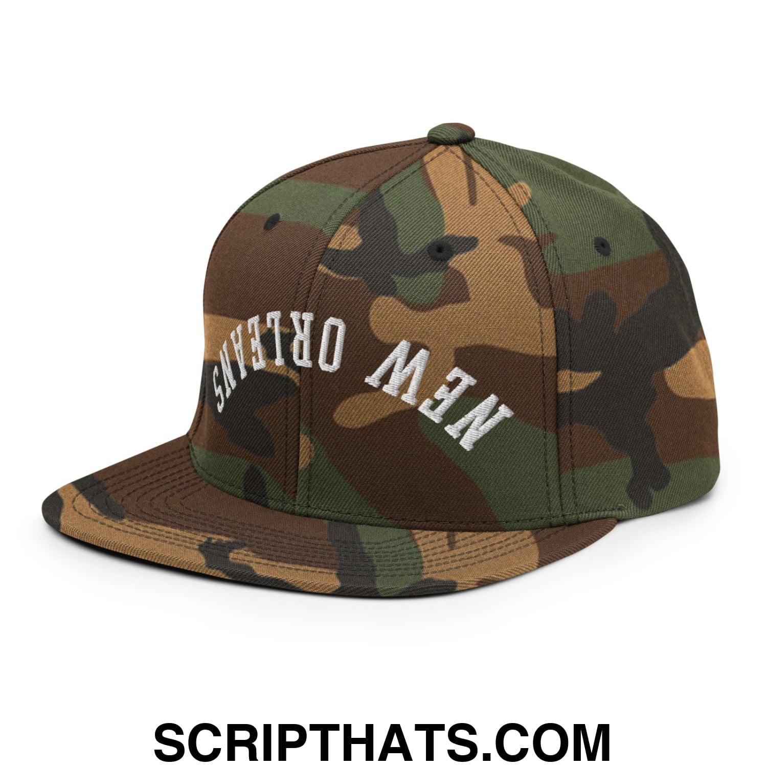 Upside Down New Orleans Embroidered Flat Bill Brim Snapback Hat Green Camo