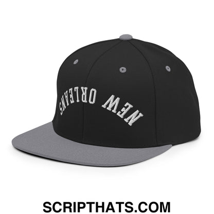Upside Down New Orleans Embroidered Flat Bill Brim Snapback Hat Black Silver