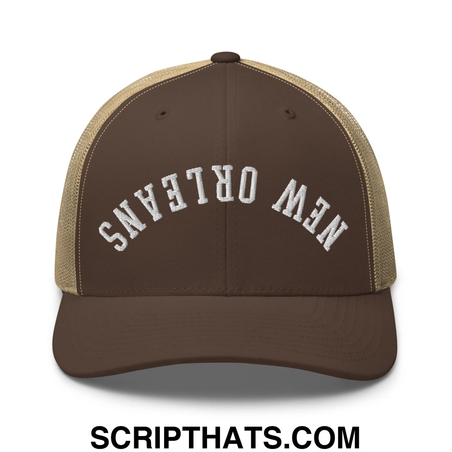 Upside Down New Orleans Embroidered Mesh Trucker Hat Brown Khaki