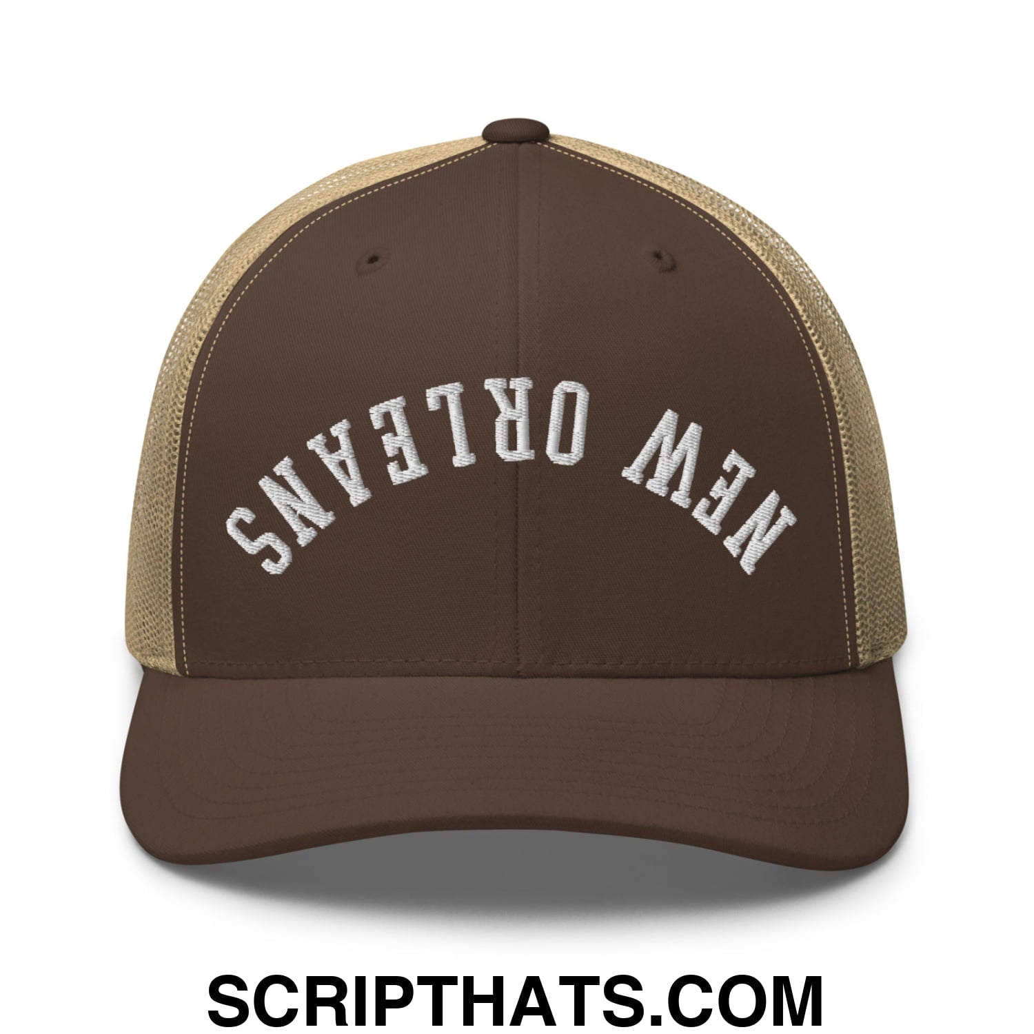 Upside Down New Orleans Embroidered Mesh Trucker Hat Brown Khaki