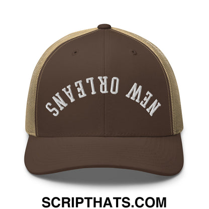 Upside Down New Orleans Embroidered Mesh Trucker Hat Brown Khaki