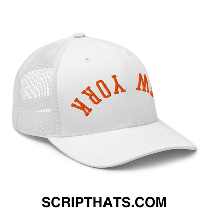 Upside Down New York Basketball Embroidered Mesh Trucker Hat White