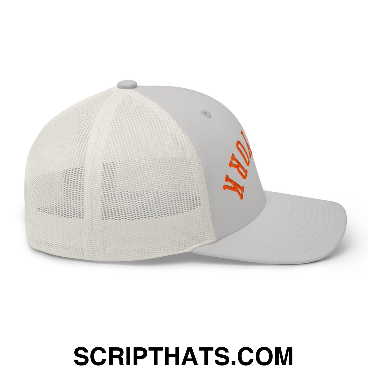 Upside Down New York Basketball Embroidered Mesh Trucker Hat Silver