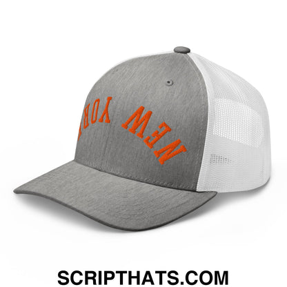 Upside Down New York Basketball Embroidered Mesh Trucker Hat Heather Grey White