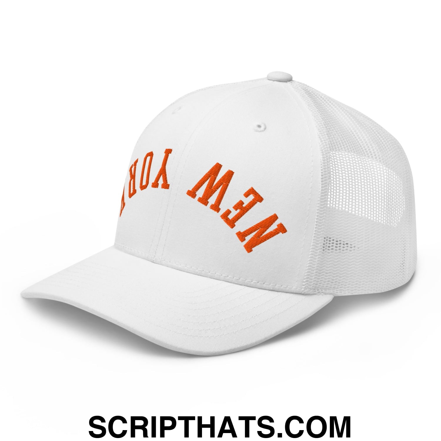 Upside Down New York Basketball Embroidered Mesh Trucker Hat White
