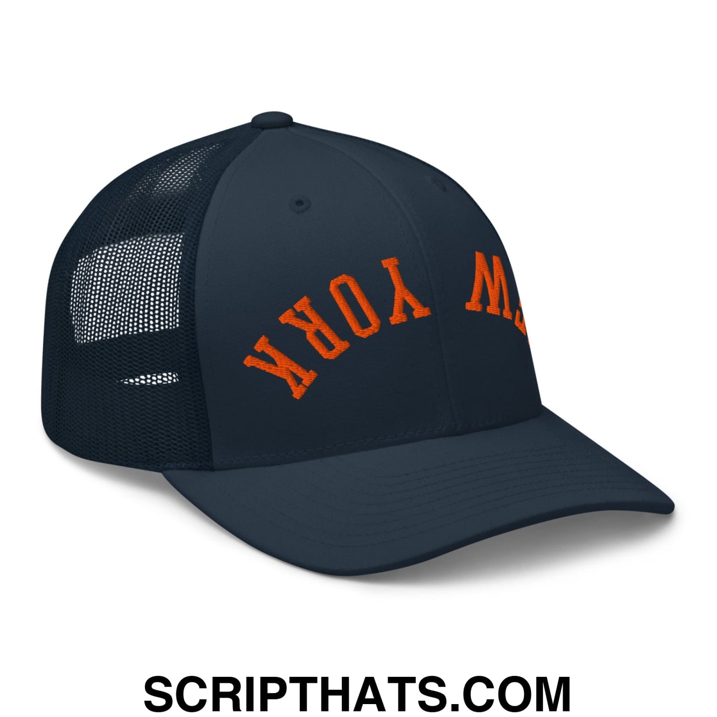 Upside Down New York Basketball Embroidered Mesh Trucker Hat Navy