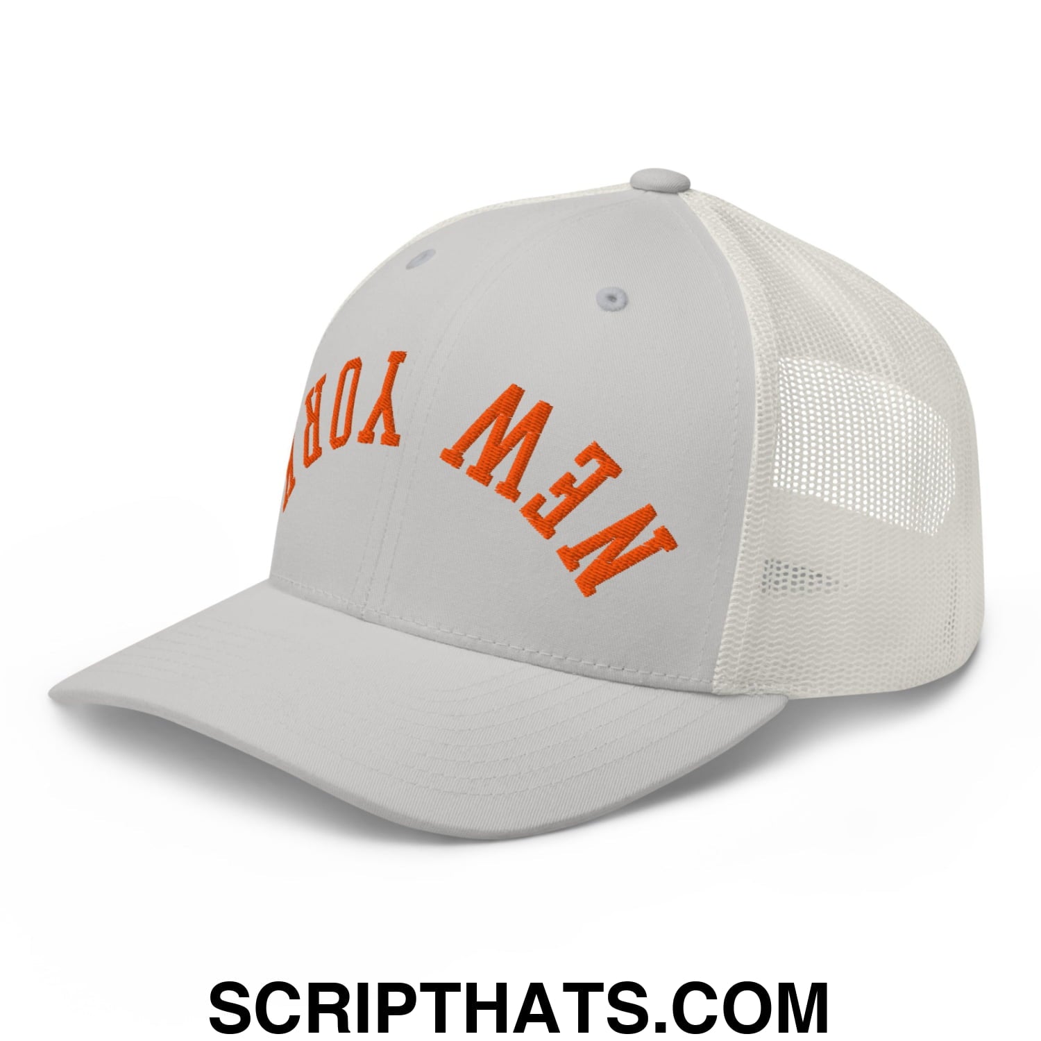 Upside Down New York Basketball Embroidered Mesh Trucker Hat Silver