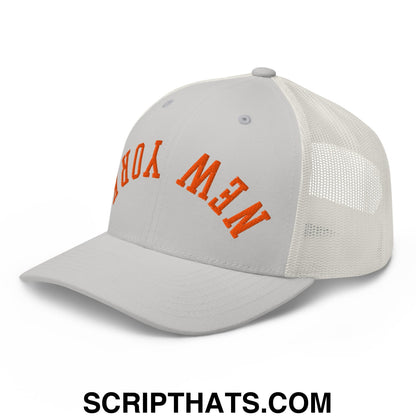 Upside Down New York Basketball Embroidered Mesh Trucker Hat Silver