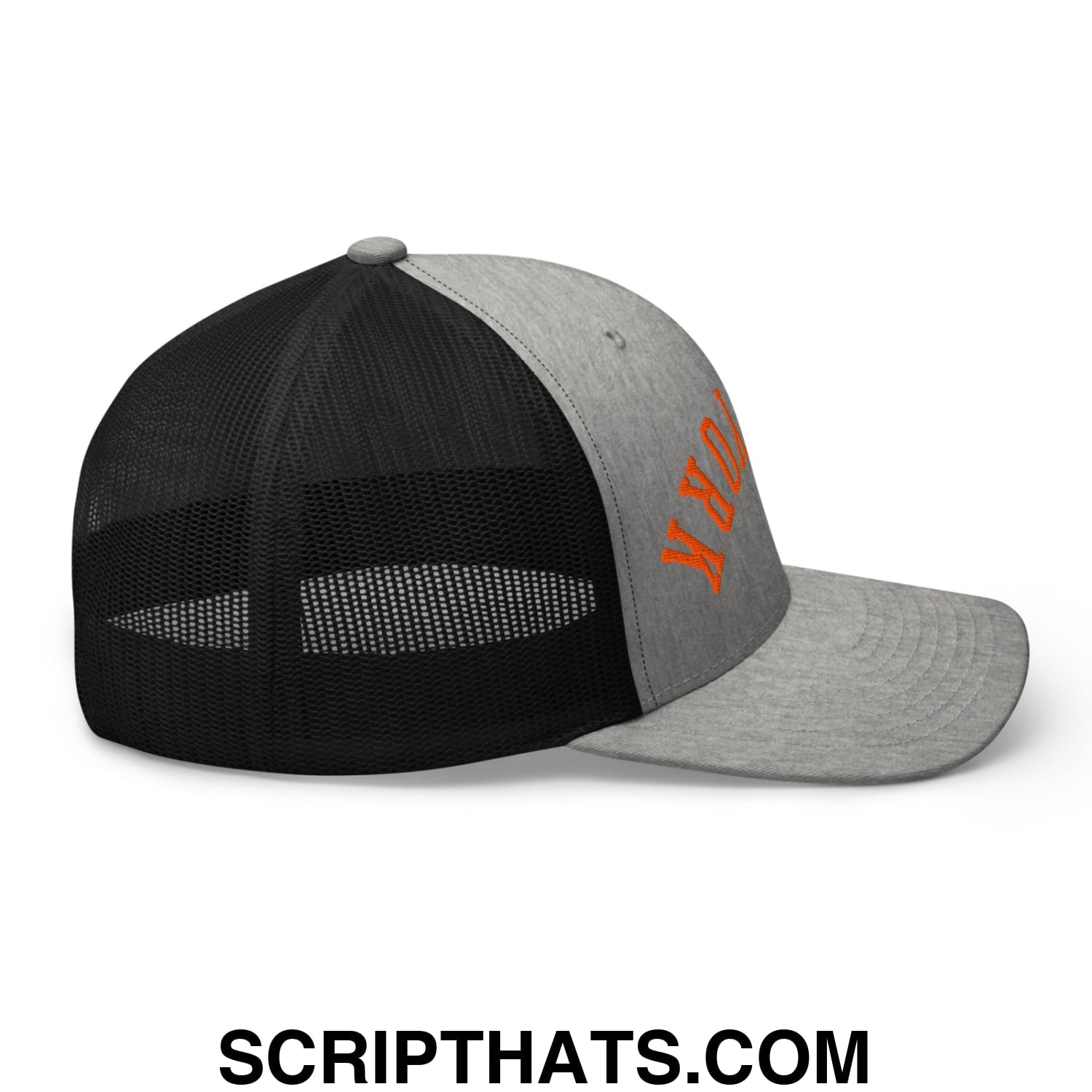 Upside Down New York Basketball Embroidered Mesh Trucker Hat Heather Black