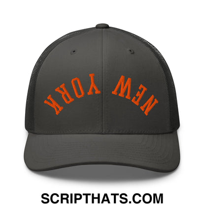 Upside Down New York Basketball Embroidered Mesh Trucker Hat Charcoal