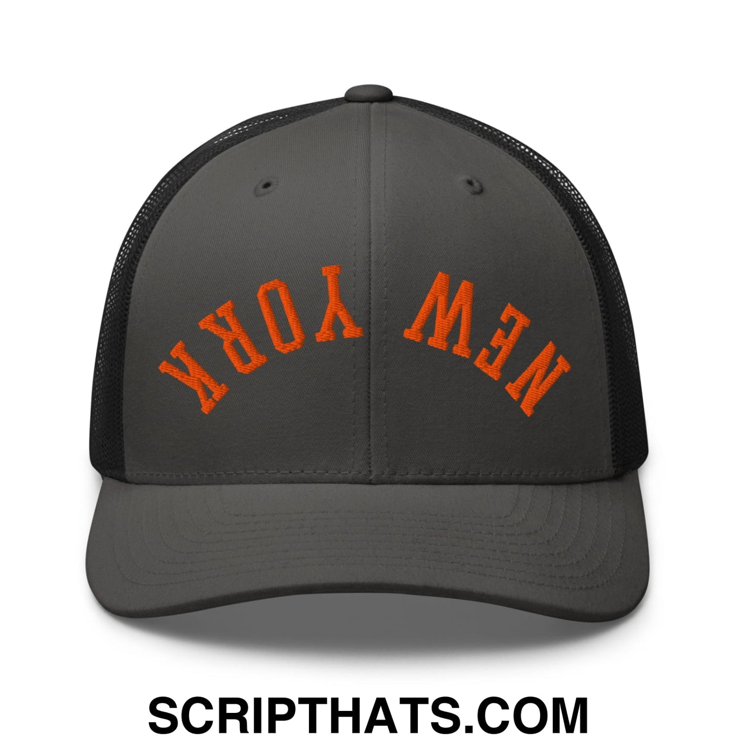 Upside Down New York Basketball Embroidered Mesh Trucker Hat Charcoal Black