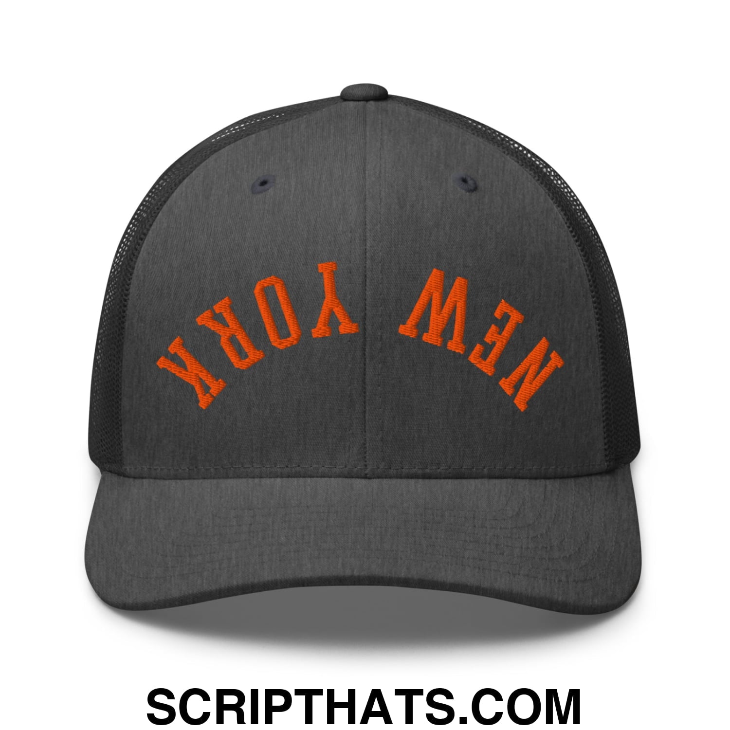 Upside Down New York Basketball Embroidered Mesh Trucker Hat Dark Heather Gray