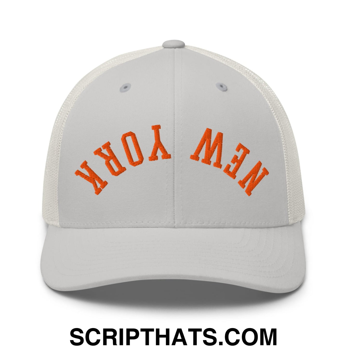 Upside Down New York Basketball Embroidered Mesh Trucker Hat Silver