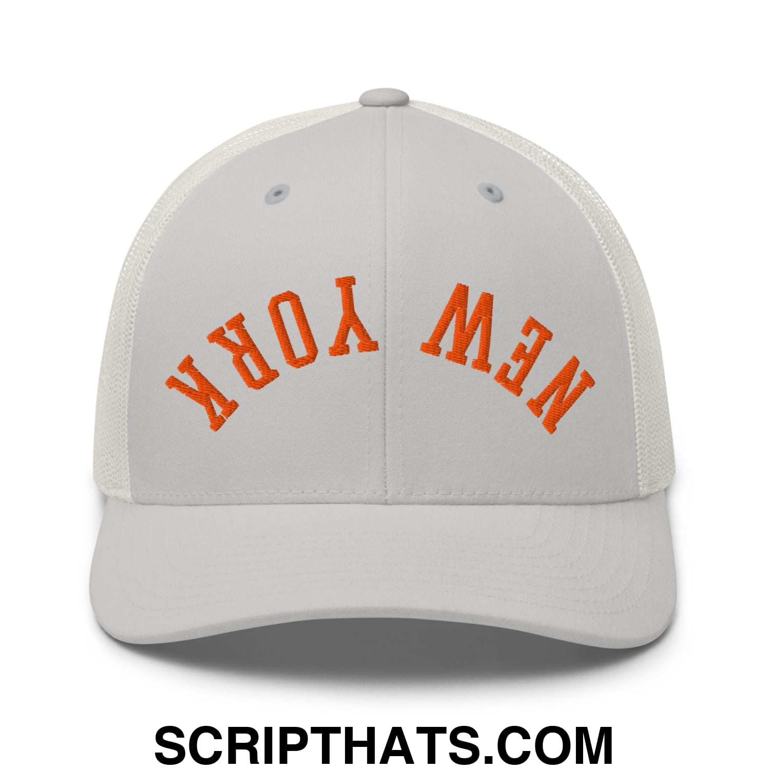 Upside Down New York Basketball Embroidered Mesh Trucker Hat Silver