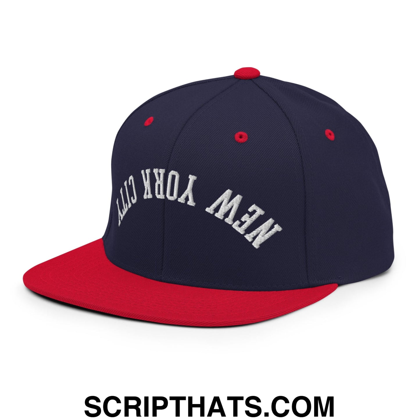 Upside Down New York City Embroidered Flat Bill Brim Snapback Hat Navy Red