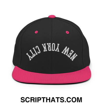 Upside Down New York City Embroidered Flat Bill Brim Snapback Hat Black Neon Pink