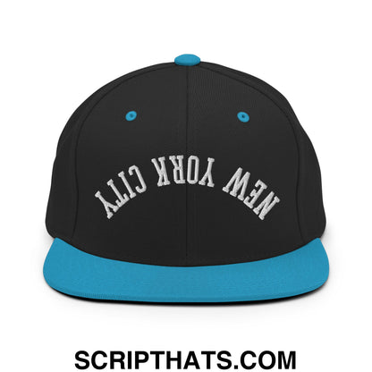 Upside Down New York City Embroidered Flat Bill Brim Snapback Hat Black Teal