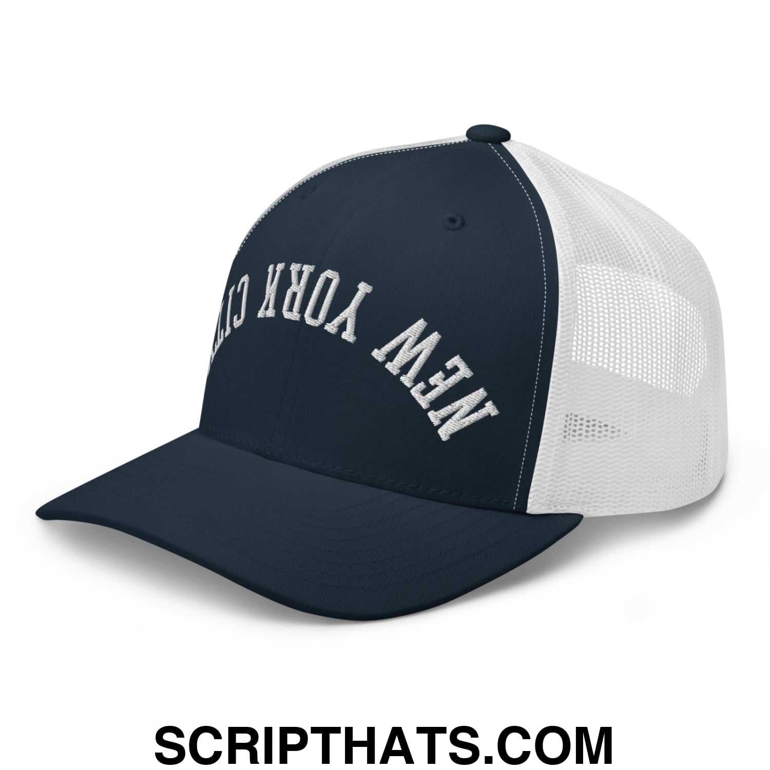 Upside Down New York City Embroidered Mesh Trucker Hat Navy White