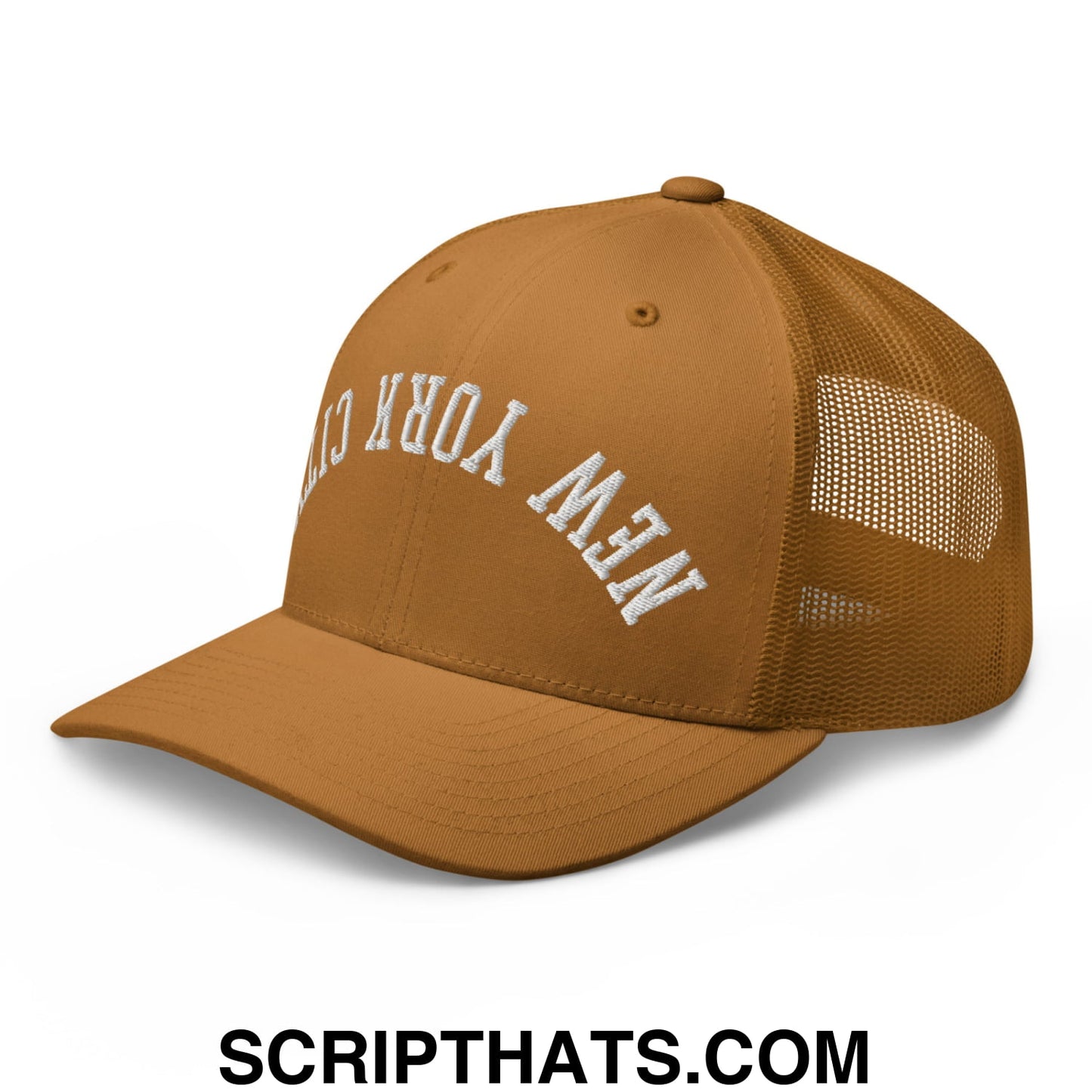 Upside Down New York City Embroidered Mesh Trucker Hat Caramel